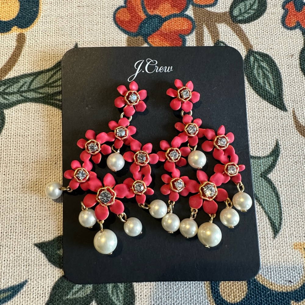J. Crew Hot Pink Floral Pearl Drop Chandelier Earrings